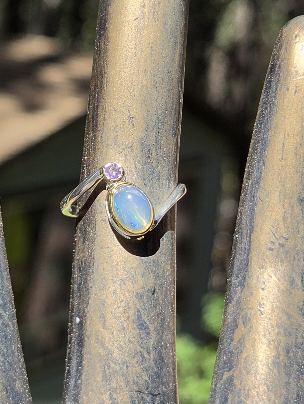 Opal & Amethyst Sterling & Gold Ring Sz6.5 - Picture 4 of 9